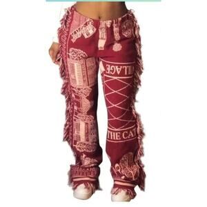 Super Soft Red Rug Fringe Pants Stretch Allage The Cat Women's Size M Comfy